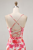 Red Flower Bodycon Spaghetti Straps Printed Mini Homecoming Dress