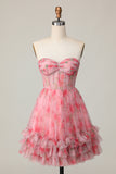Floral Red A Line Strapless Printed Ruffled Homecoming Dress