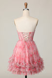 Floral Red A Line Strapless Printed Ruffled Homecoming Dress