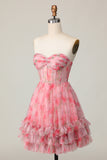 Floral Red A Line Strapless Printed Ruffled Homecoming Dress