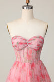 Floral Red A Line Strapless Printed Ruffled Homecoming Dress