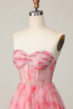 Floral Red A Line Strapless Printed Ruffled Homecoming Dress