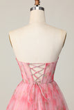Floral Red A Line Strapless Printed Ruffled Homecoming Dress