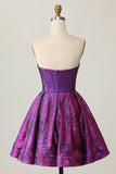 Metallic Dark Purple A-Line Strapless Key Hole Corset Homecoming Dress with Bow