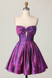 Metallic Dark Purple A-Line Strapless Key Hole Corset Homecoming Dress with Bow