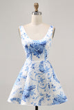 White Blue Flower Printed A Line Short Homecoming Dress
