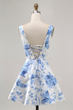 White Blue Flower Printed A Line Short Homecoming Dress
