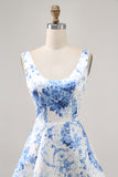 White Blue Flower Printed A Line Short Homecoming Dress