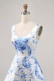 White Blue Flower Printed A Line Short Homecoming Dress