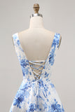 White Blue Flower Printed A Line Short Homecoming Dress