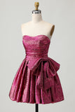 A-Line Strapless Ruched Dark Purple Short Homecoming Dress with Bow
