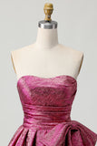 A-Line Strapless Ruched Dark Purple Short Homecoming Dress with Bow