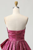 A-Line Strapless Ruched Dark Purple Short Homecoming Dress with Bow