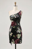 Black Flower Bodycon Sequin One Shoulder Homecoming Dress