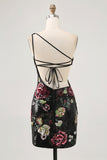 Black Flower Bodycon Sequin One Shoulder Homecoming Dress