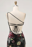 Black Flower Bodycon Sequin One Shoulder Homecoming Dress