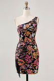 Black Flower Bodycon One Shoulder Homecoming Dress with Embroidery
