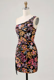 Black Flower Bodycon One Shoulder Homecoming Dress with Embroidery