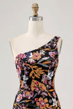 Black Flower Bodycon One Shoulder Homecoming Dress with Embroidery
