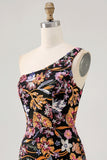 Black Flower Bodycon One Shoulder Homecoming Dress with Embroidery