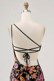 Black Flower Bodycon One Shoulder Homecoming Dress with Embroidery