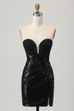 Black Bodycon Strapless Sequins Homecoming Dress with Slit
