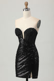 Black Bodycon Strapless Sequins Homecoming Dress with Slit