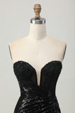 Black Bodycon Strapless Sequins Homecoming Dress with Slit