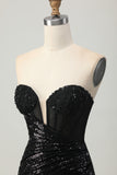 Black Bodycon Strapless Sequins Homecoming Dress with Slit
