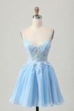 Blue A Line Sequins Corset Cut Out Short Homecoming Dress with Appliques