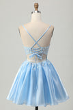 Blue A Line Sequins Corset Cut Out Short Homecoming Dress with Appliques