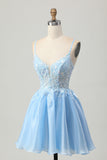Blue A Line Sequins Corset Cut Out Short Homecoming Dress with Appliques