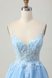 Blue A Line Sequins Corset Cut Out Short Homecoming Dress with Appliques