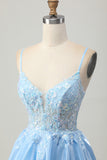 Blue A Line Sequins Corset Cut Out Short Homecoming Dress with Appliques