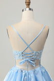Blue A Line Sequins Corset Cut Out Short Homecoming Dress with Appliques