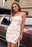 Pink Flower Strapless Bodycon Ruched Short Homecoming Dress with Bow