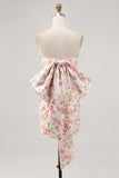 Pink Flower Strapless Bodycon Ruched Homecoming Dress with Bow