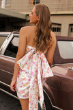 Pink Flower Strapless Bodycon Ruched Short Homecoming Dress with Bow