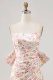 Pink Flower Strapless Bodycon Ruched Homecoming Dress with Bow