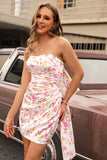Strapless Bodycon Pink Flower Homecoming Dress with Bow