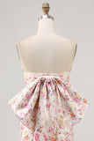 Pink Flower Strapless Bodycon Ruched Homecoming Dress with Bow