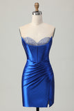 Royal Blue Strapless Beaded Tight Homecoming Dress with Slit