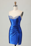Royal Blue Strapless Beaded Tight Homecoming Dress with Slit