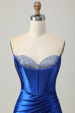 Royal Blue Strapless Beaded Tight Homecoming Dress with Slit