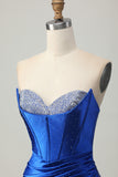 Royal Blue Strapless Beaded Tight Homecoming Dress with Slit