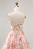 Blush Floral A Line Square Neck Corset Printed Homecoming Dress