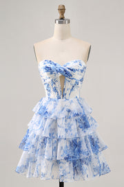 White Blue Flower Strapless Tiered Corset Homecoming Dress