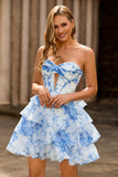 White Blue Flower Strapless Tiered Corset Homecoming Dress