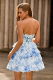 White Blue Flower Strapless Tiered Corset Homecoming Dress