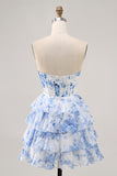 White Blue Flower Strapless Tiered Corset Homecoming Dress
